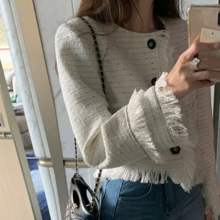 Round Neck Fringe Tweed Button Jacket