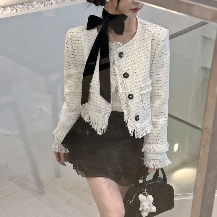 Round Neck Fringe Tweed Button Jacket