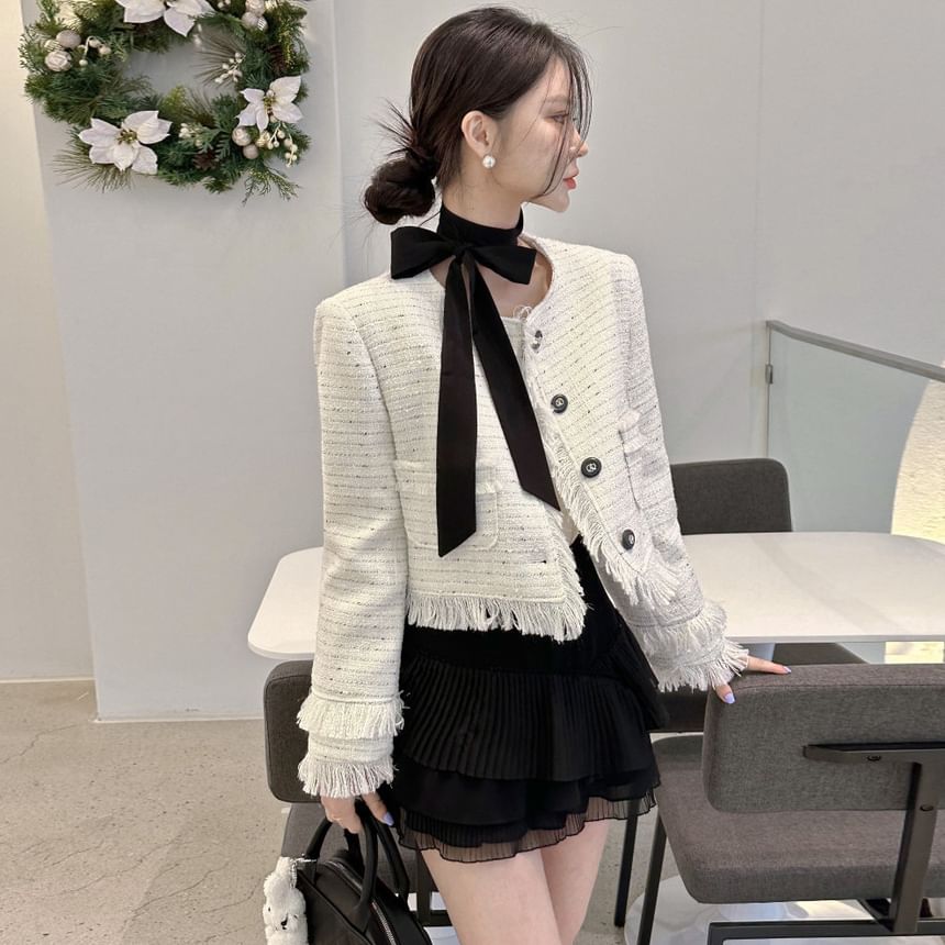 Round Neck Fringe Tweed Button Jacket