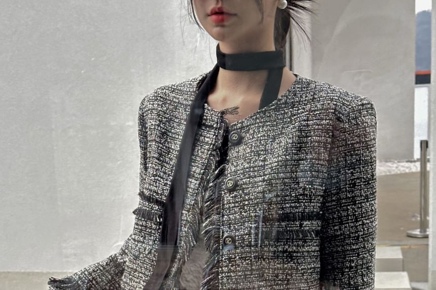 Round Neck Fringe Tweed Button Jacket