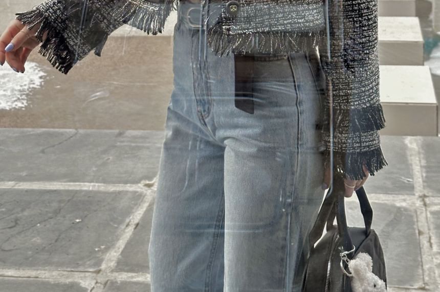 Round Neck Fringe Tweed Button Jacket