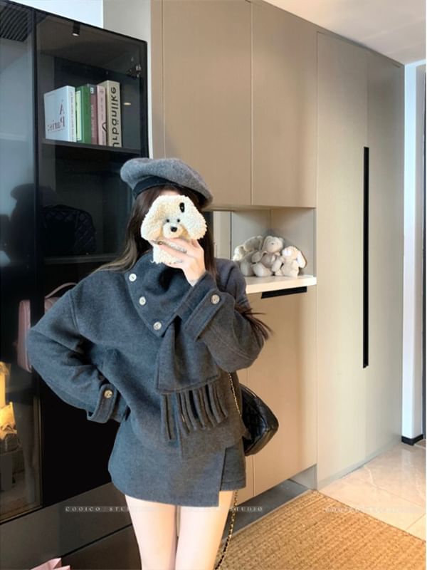 Plain Wool Jacket / High Waist Plain Mini Skirt