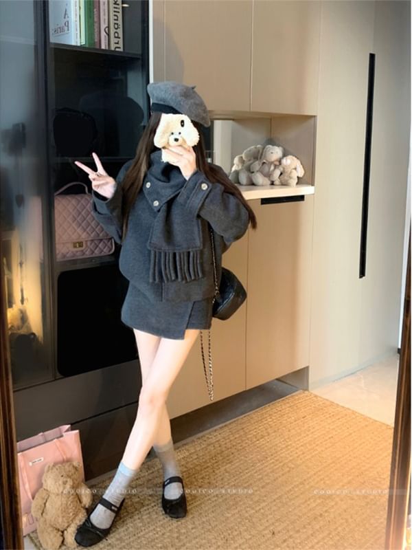 Plain Wool Jacket / High Waist Plain Mini Skirt