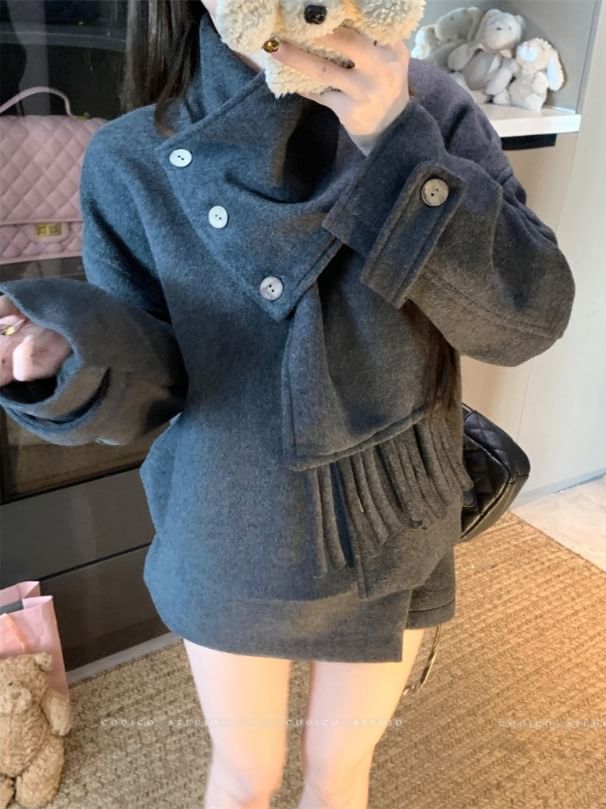 Plain Wool Jacket / High Waist Plain Mini Skirt