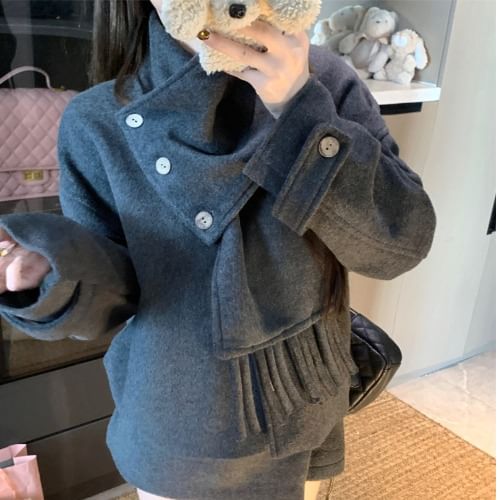 Plain Wool Jacket / High Waist Plain Mini Skirt