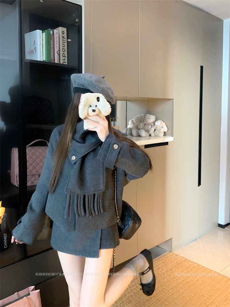 Plain Wool Jacket / High Waist Plain Mini Skirt