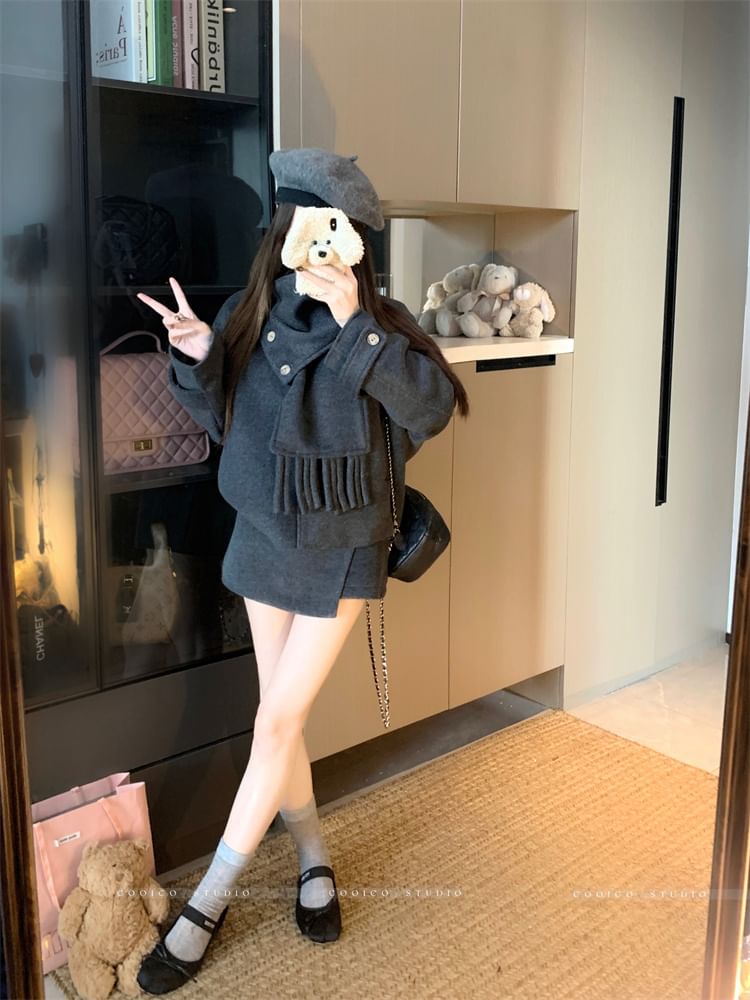 Plain Wool Jacket / High Waist Plain Mini Skirt