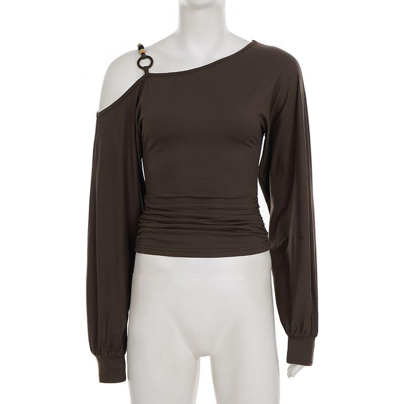 Beaded Ruched Cold-Shoulder Long-Sleeve Plain Blouse