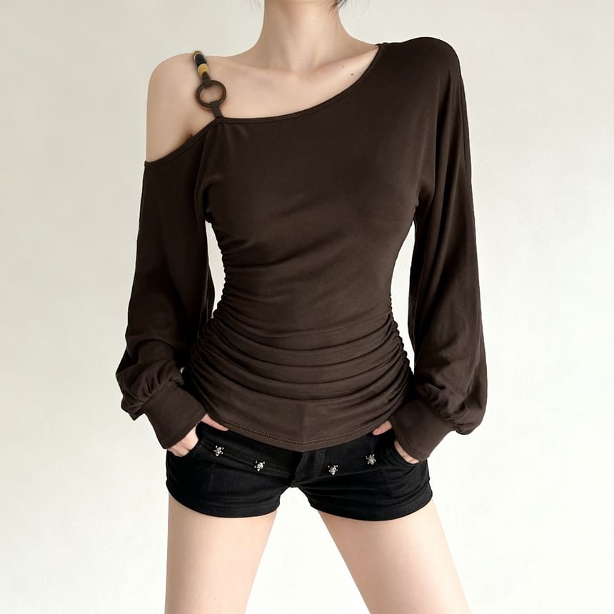 Beaded Ruched Cold-Shoulder Long-Sleeve Plain Blouse