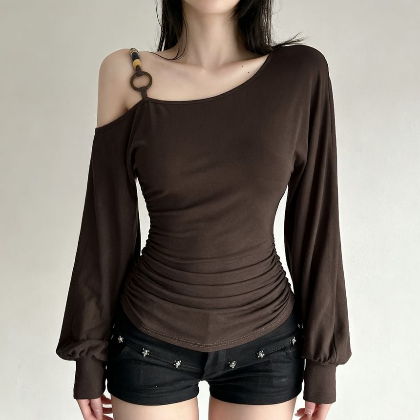 Beaded Ruched Cold-Shoulder Long-Sleeve Plain Blouse