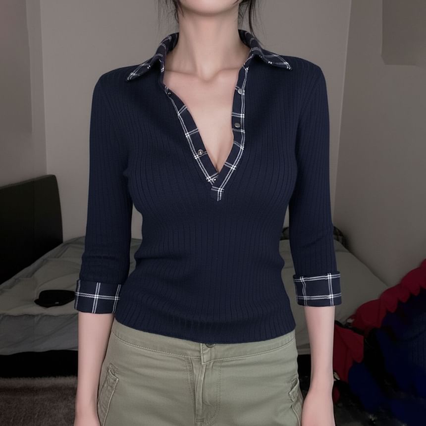 Plaid Collared Ribbed Button Mock Two-Piece Top, 3/4 Sleeves