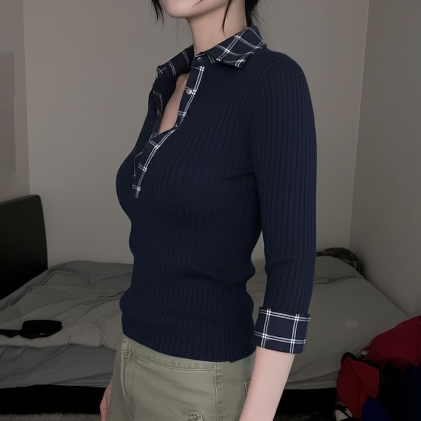Plaid Collared Ribbed Button Mock Two-Piece Top, 3/4 Sleeves