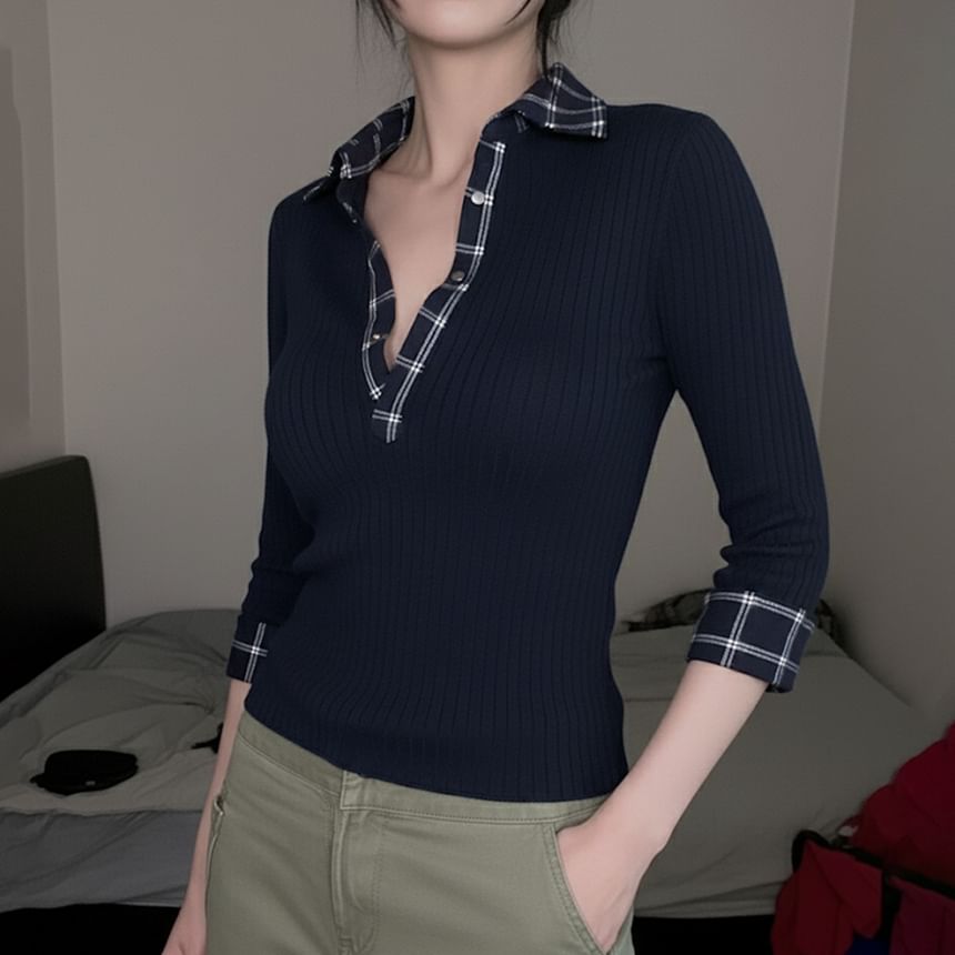 Plaid Collared Ribbed Button Mock Two-Piece Top, 3/4 Sleeves