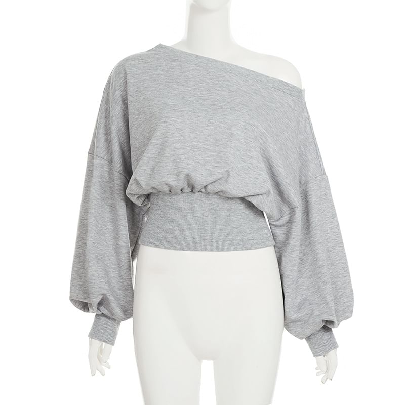 Plain One-Shoulder Sweatshirt with Balloon Sleeves