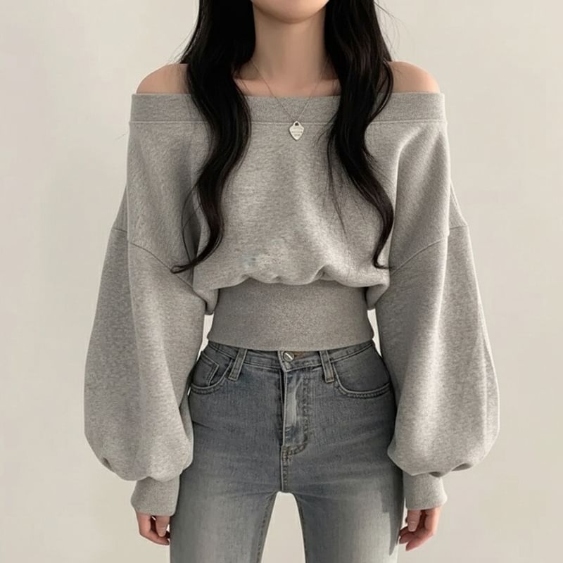 Plain One-Shoulder Sweatshirt with Balloon Sleeves
