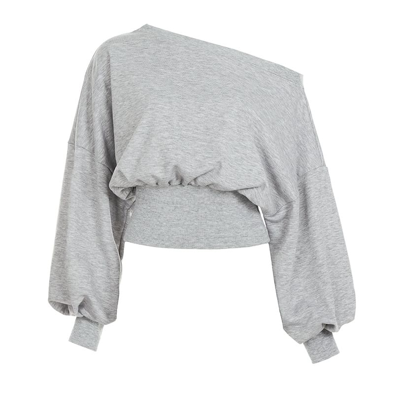 Plain One-Shoulder Sweatshirt with Balloon Sleeves
