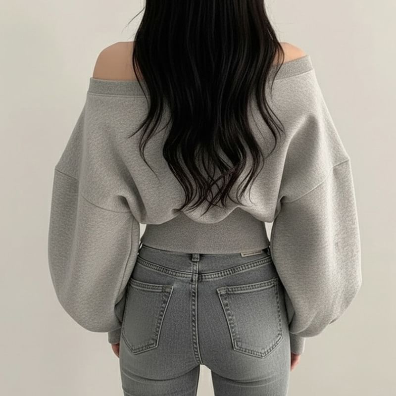 Plain One-Shoulder Sweatshirt with Balloon Sleeves