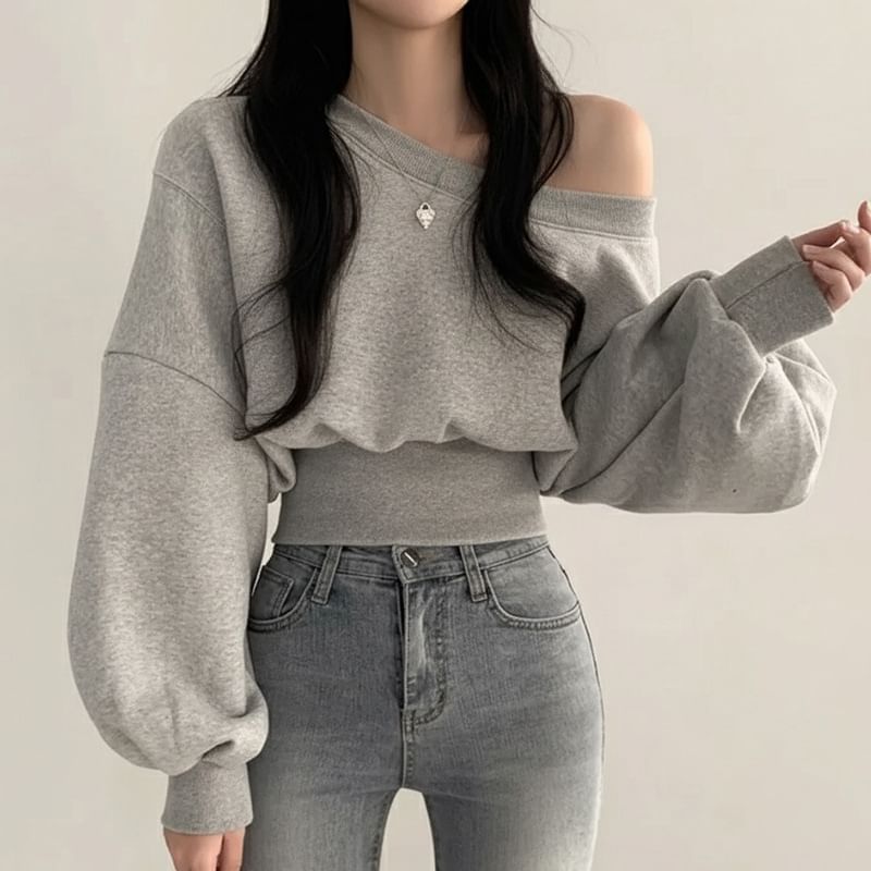 Plain One-Shoulder Sweatshirt with Balloon Sleeves