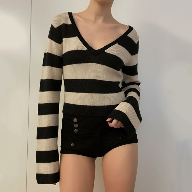 Striped Ribbed Knit Top with V-Neck & Long Sleeves