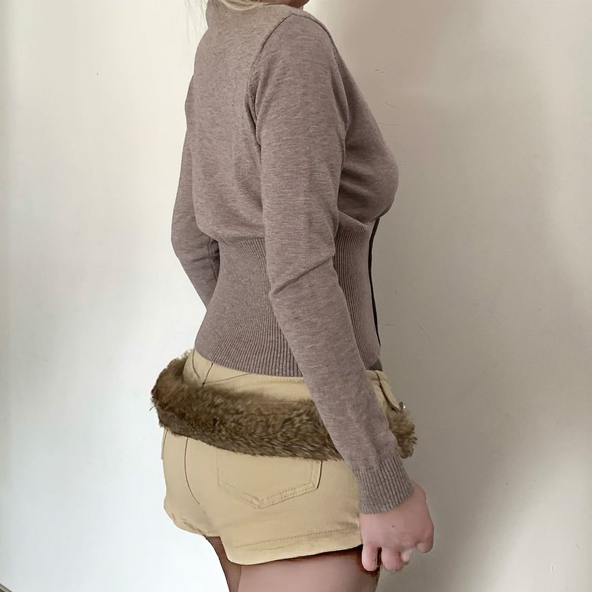 Buttoned Knit Wrap Top with V-Neck & Long Sleeves