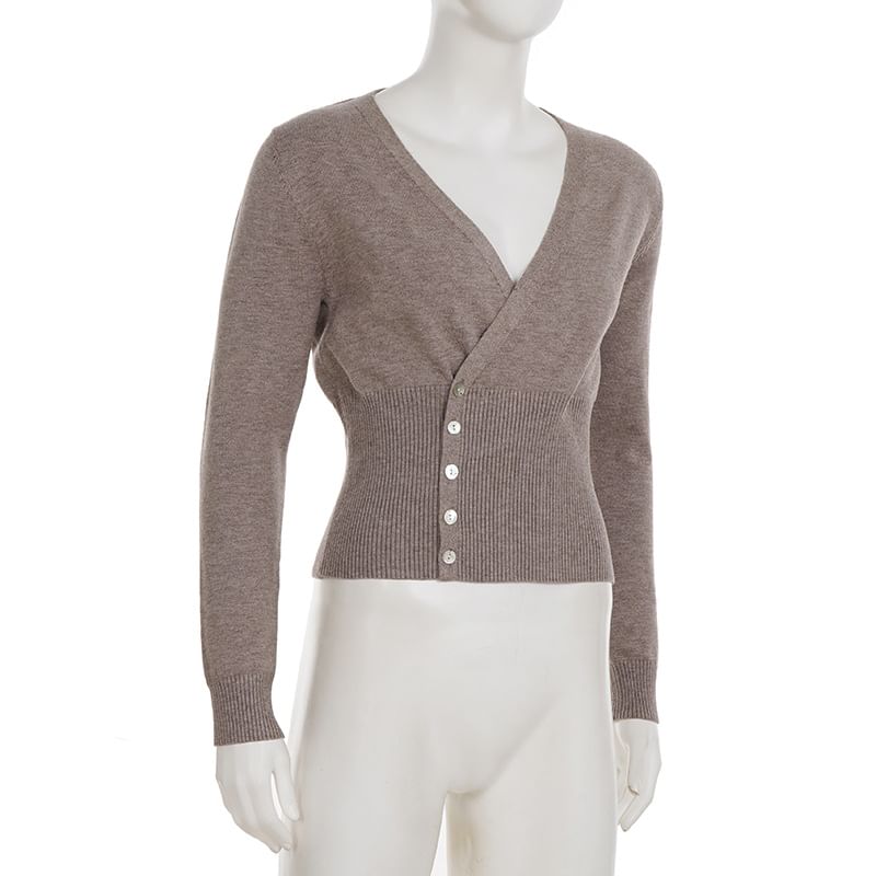 Buttoned Knit Wrap Top with V-Neck & Long Sleeves