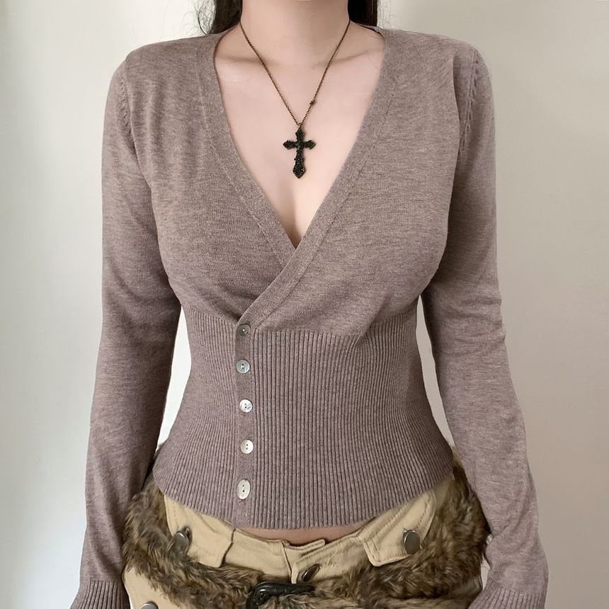 Buttoned Knit Wrap Top with V-Neck & Long Sleeves