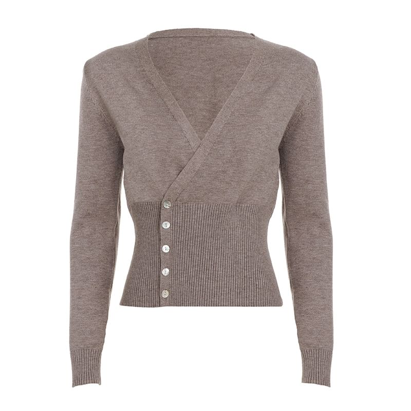 Buttoned Knit Wrap Top with V-Neck & Long Sleeves
