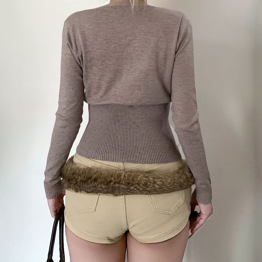 Buttoned Knit Wrap Top with V-Neck & Long Sleeves