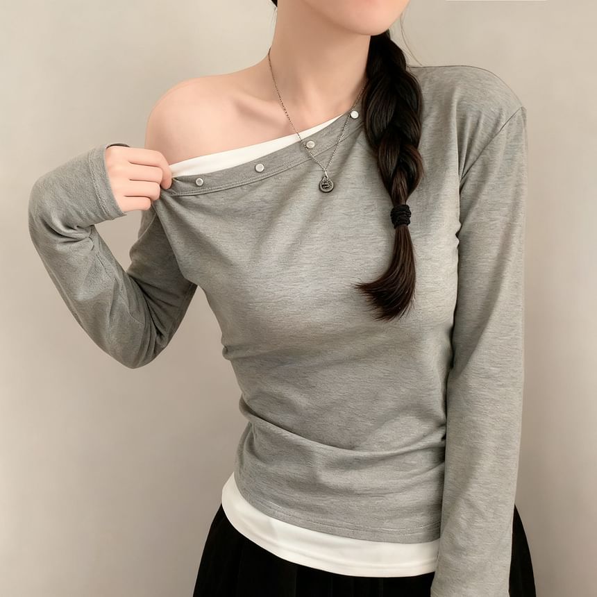 Studded Mock-Layered Top with One Shoulder & Long Sleeves