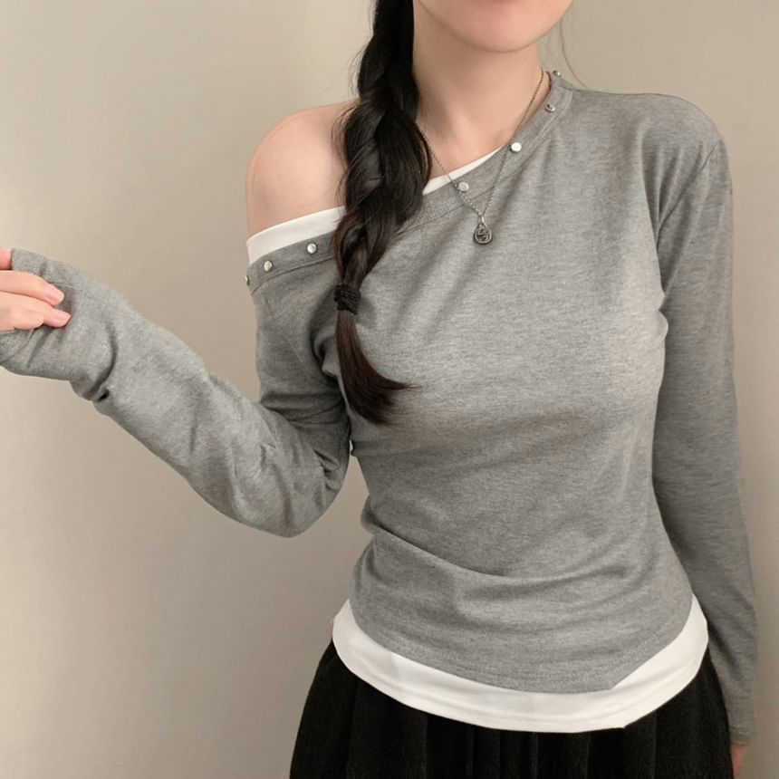 Studded Mock-Layered Top with One Shoulder & Long Sleeves