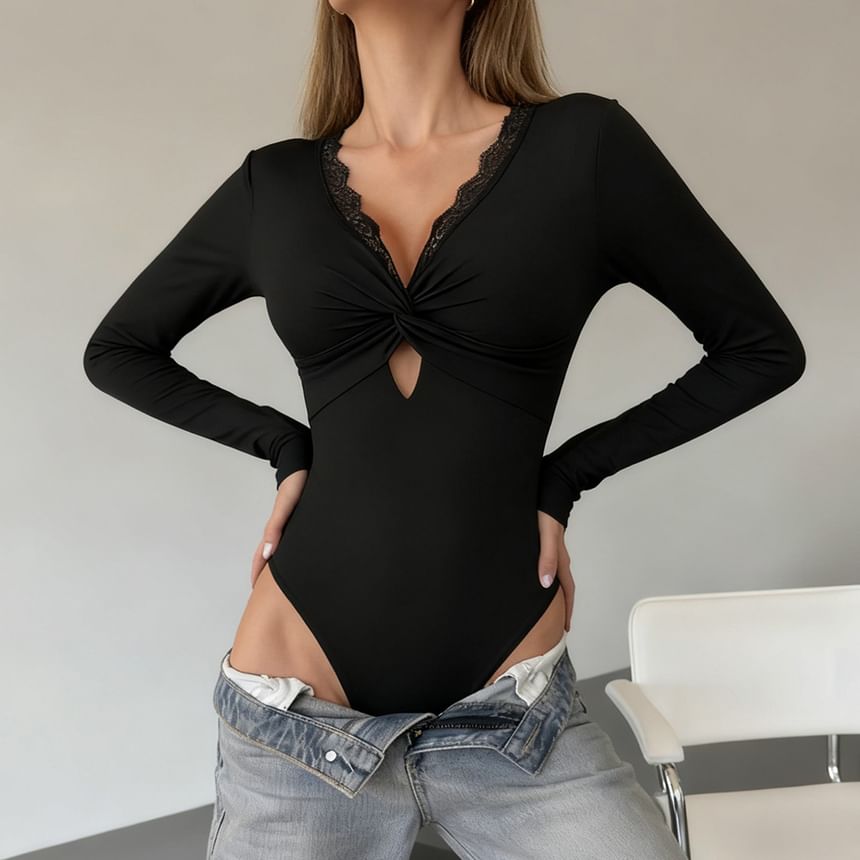 Lace Panel Backless Cutout Bodysuit with V-Neck Long Sleeves
