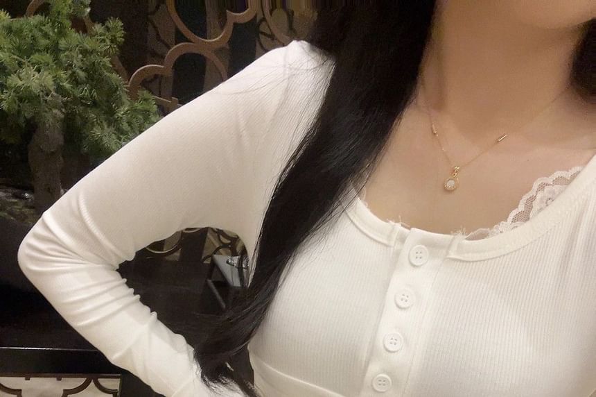 Lace Panel Tie-Waist Scoop-Neck Long-Sleeve T-Shirt
