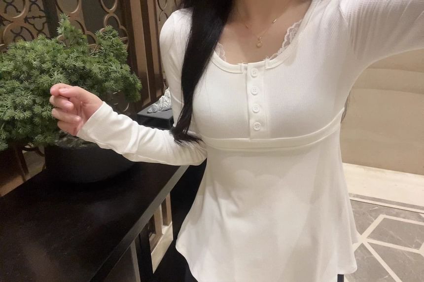 Lace Panel Tie-Waist Scoop-Neck Long-Sleeve T-Shirt