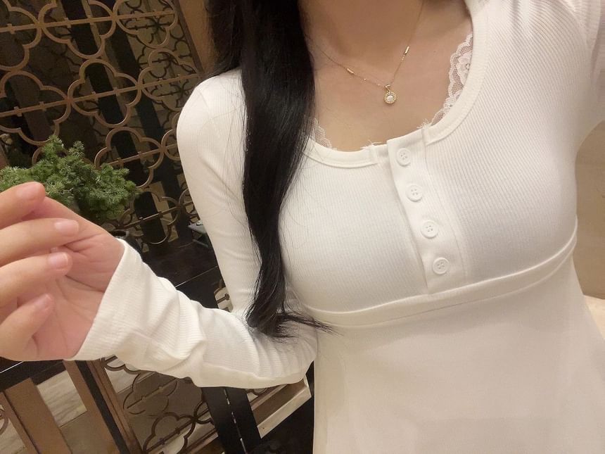 Lace Panel Tie-Waist Scoop-Neck Long-Sleeve T-Shirt