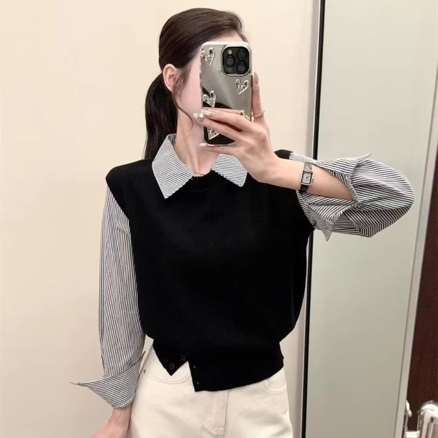Striped Knit Panel Cropped Blouse, Collared Mock Two-Piece Long-Sleeve