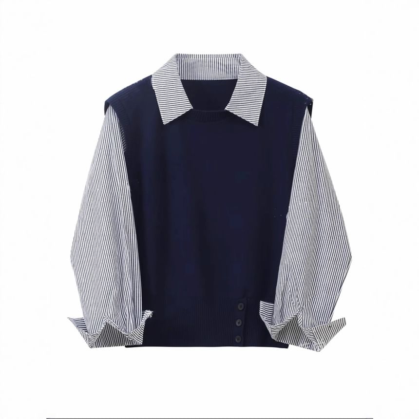 Striped Knit Panel Cropped Blouse, Collared Mock Two-Piece Long-Sleeve