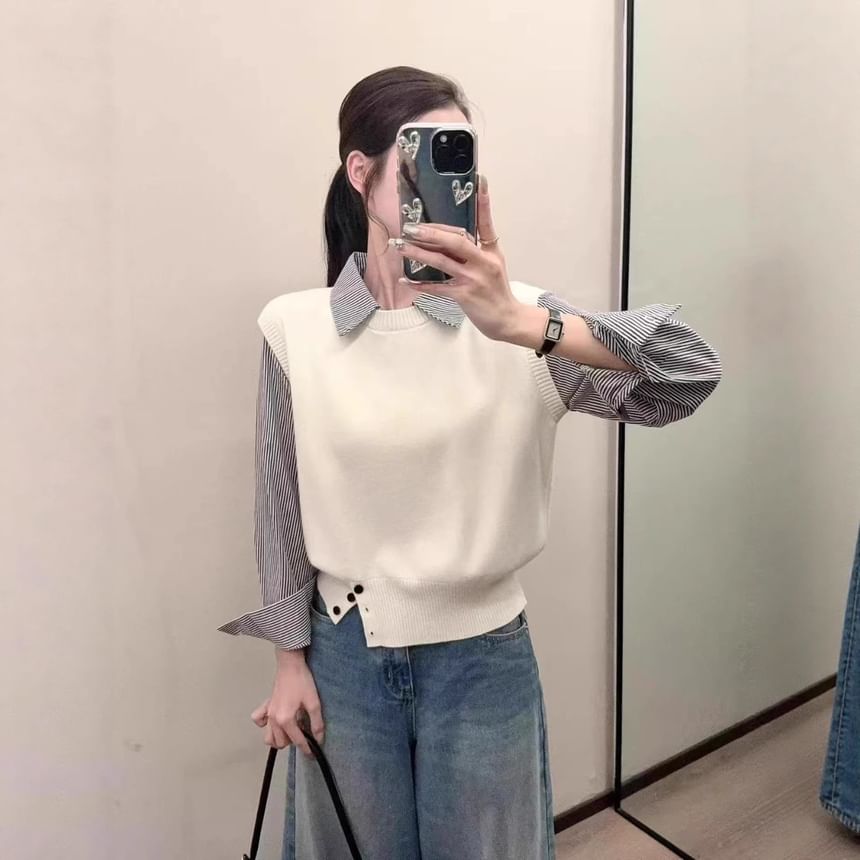 Striped Knit Panel Cropped Blouse, Collared Mock Two-Piece Long-Sleeve