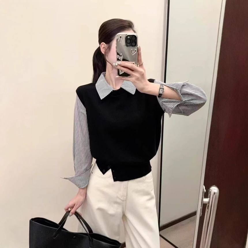 Striped Knit Panel Cropped Blouse, Collared Mock Two-Piece Long-Sleeve