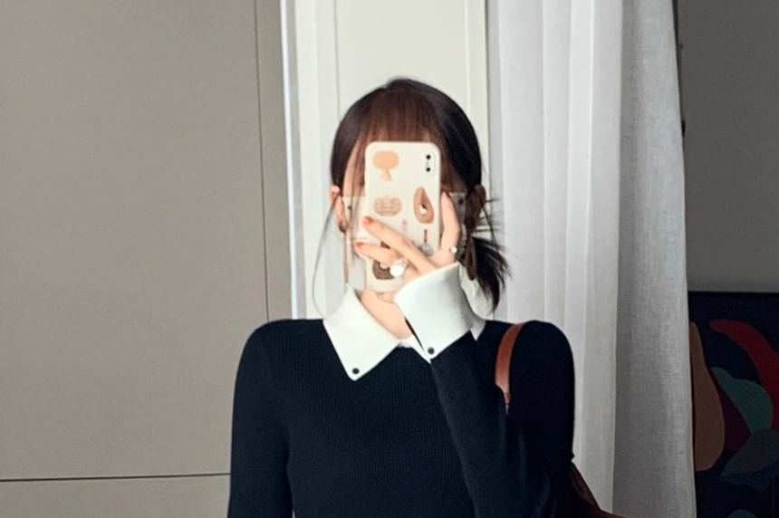 Two-Tone Ribbed Knit Collared Top with Long Sleeves