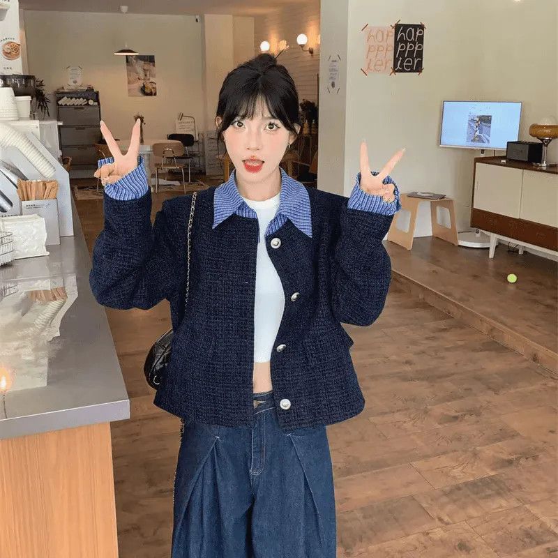 Plaid Panel Tweed Tweed Button Up Jacket