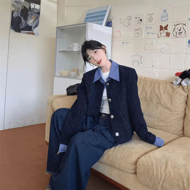 Plaid Panel Tweed Tweed Button Up Jacket