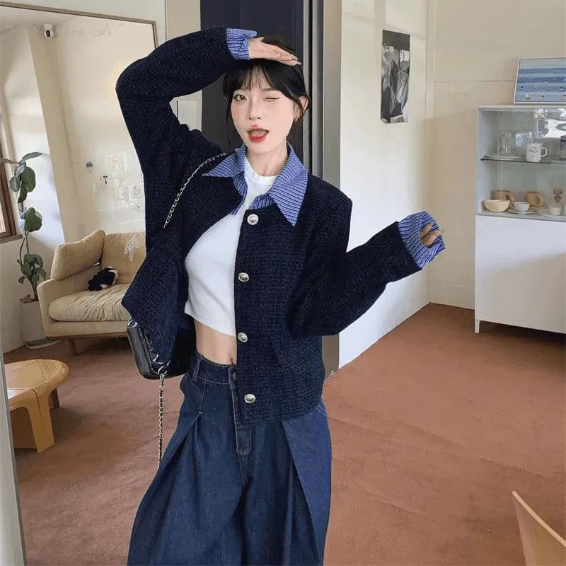 Plaid Panel Tweed Tweed Button Up Jacket