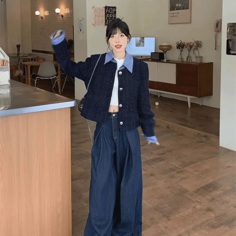 Plaid Panel Tweed Tweed Button Up Jacket