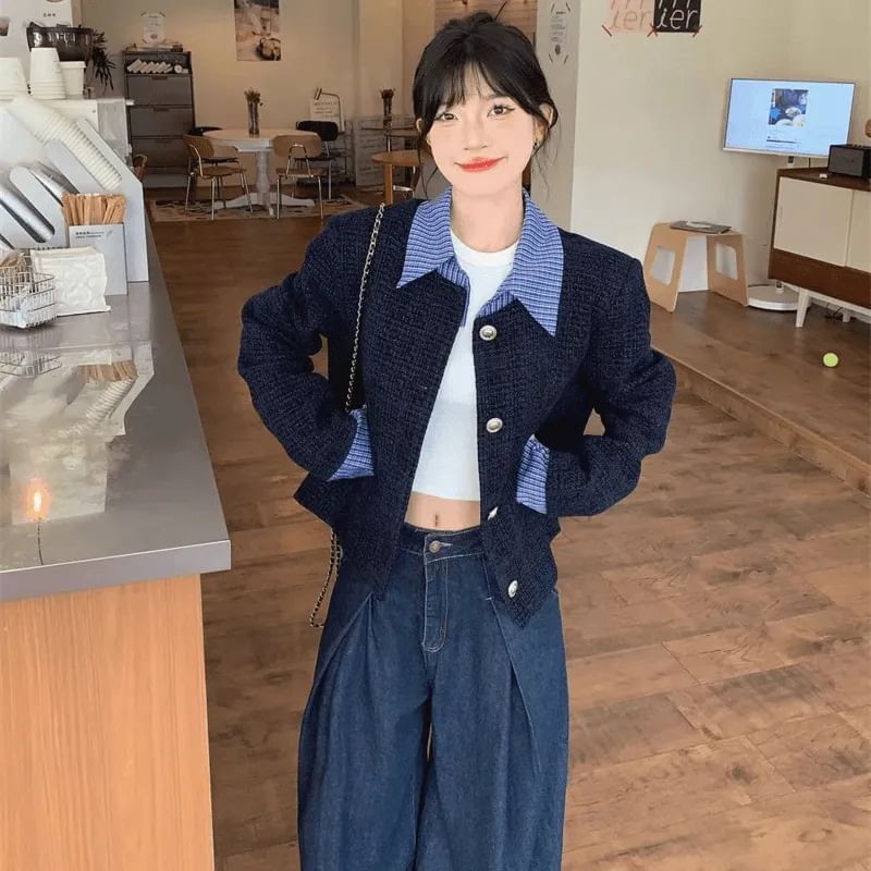 Plaid Panel Tweed Tweed Button Up Jacket