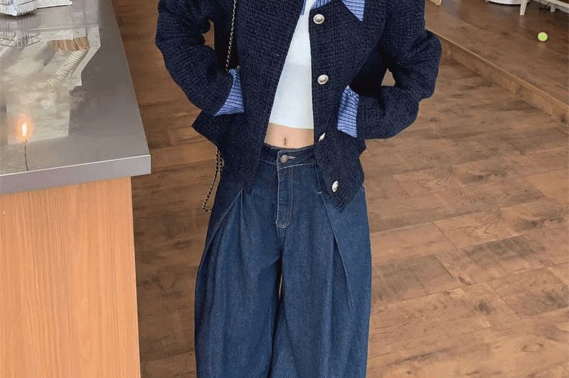 Plaid Panel Tweed Tweed Button Up Jacket