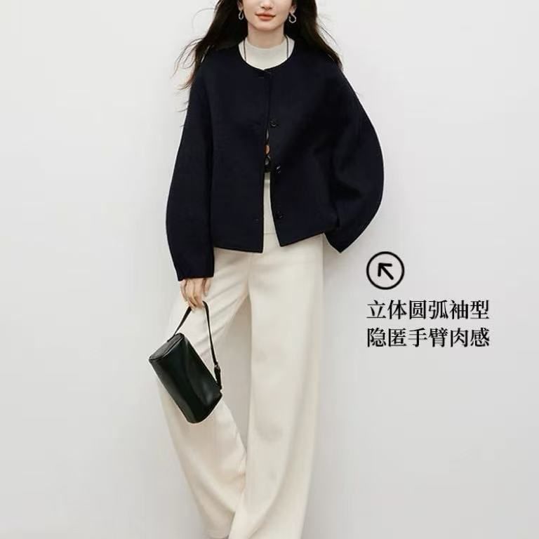 Round Neck Plain Button Up Wool Jacket