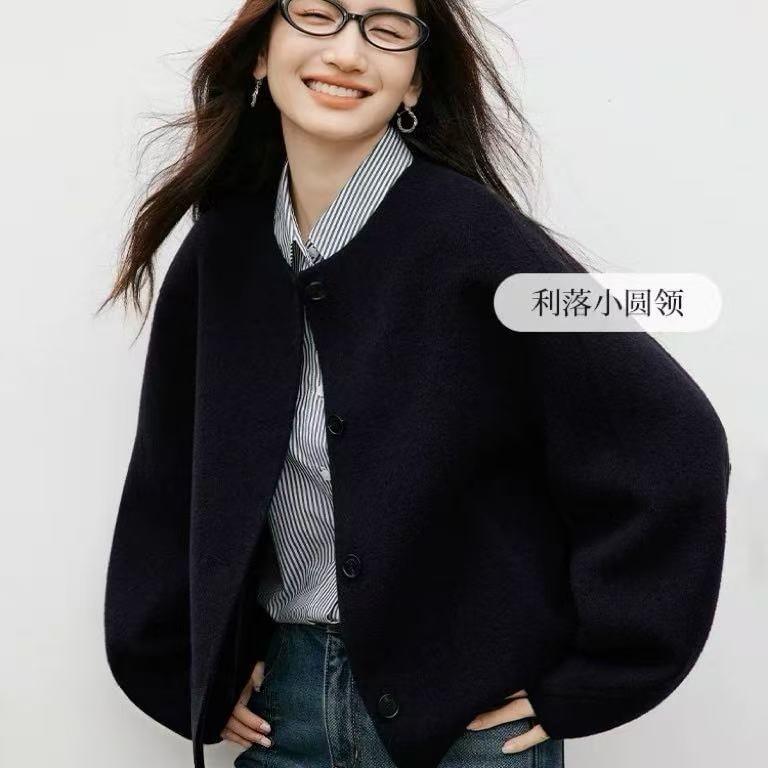 Round Neck Plain Button Up Wool Jacket