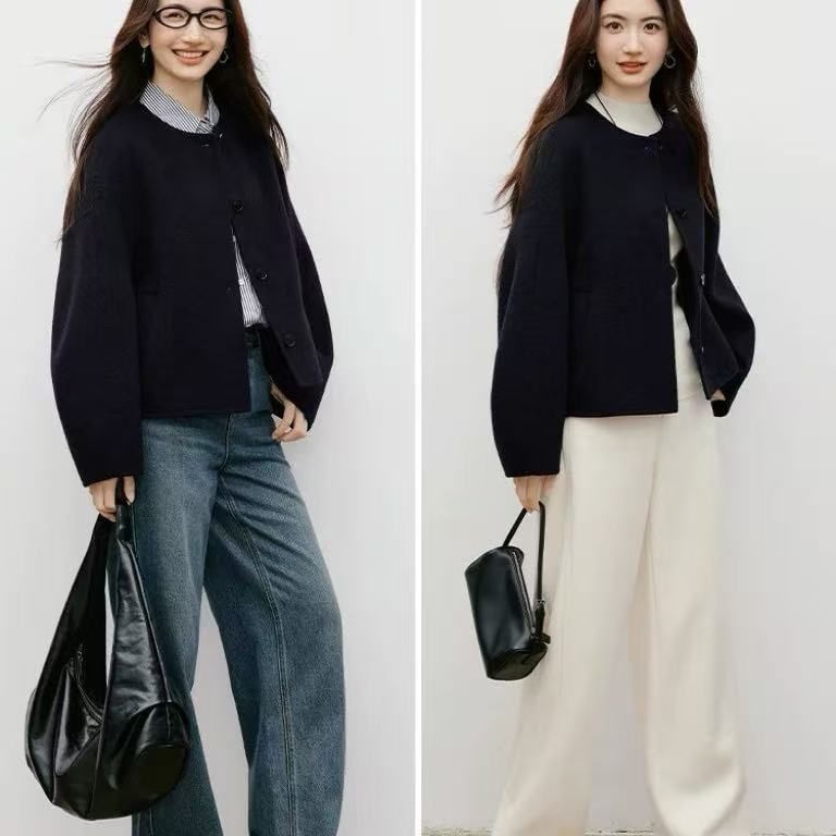 Round Neck Plain Button Up Wool Jacket