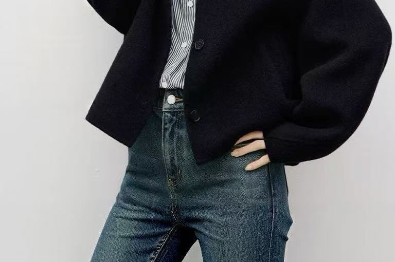 Round Neck Plain Button Up Wool Jacket