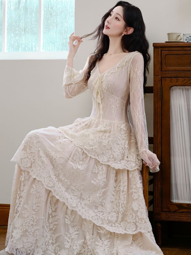 Long Sleeve V-Neck Plain Ruffle Tiered Lace Maxi A-Line Dress